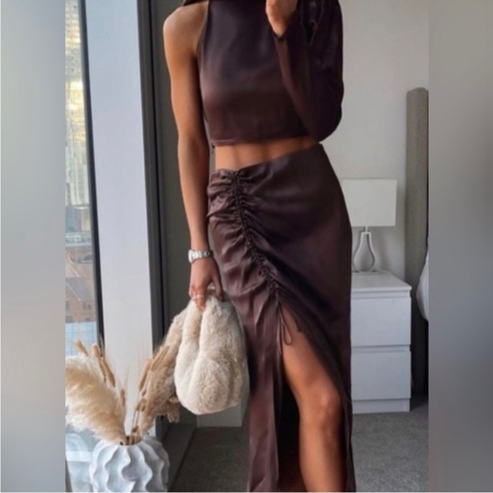 Zara Brown Satin Skirt and Top Set in Small